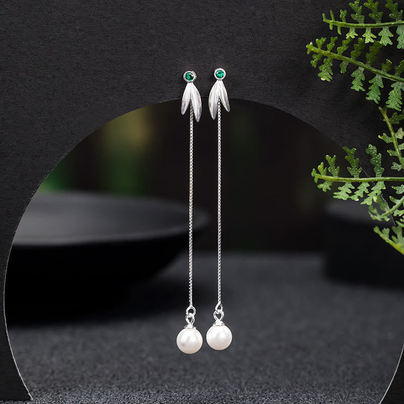 925 Sterling Silver Pearl Bamboo Leaves Protection Drop Earrings