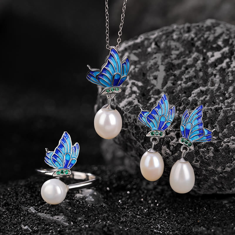 925 Sterling Silver Pearl Butterfly Healing Jewelry Set