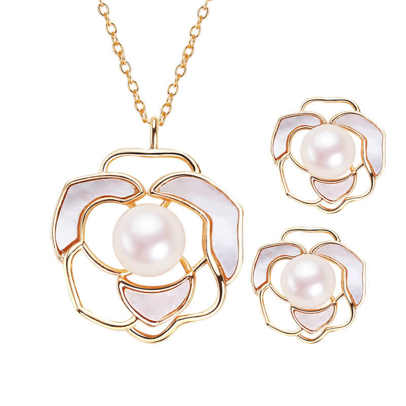 925 Sterling Silver Pearl Camellia Pattern Happiness Necklace & Earrings
