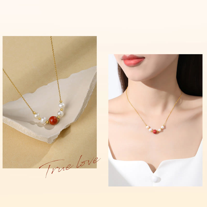 925 Sterling Silver Pearl & Cinnabar Healing Bead Necklace