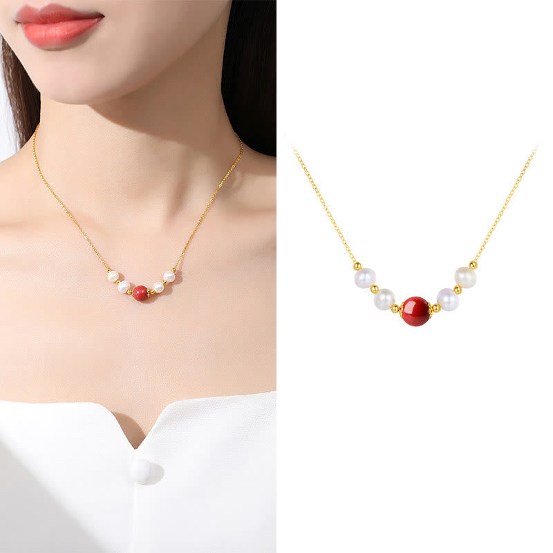 925 Sterling Silver Pearl & Cinnabar Healing Bead Necklace