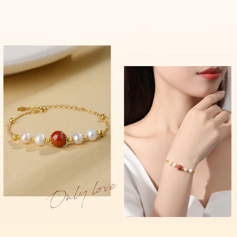925 Sterling Silver Pearl & Cinnabar Healing Bracelet 14cm-18cm