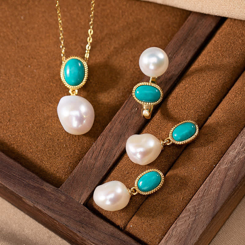 925 Sterling Silver Pearl Turquoise Healing Jewelry Set