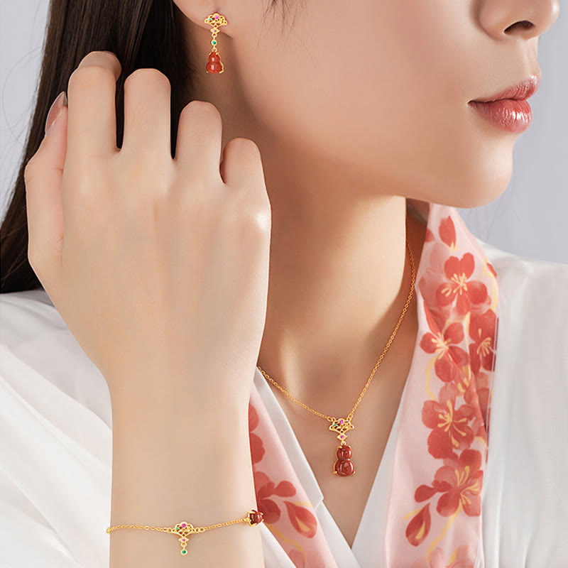 925 Sterling Silver Red Agate Confidence Bracelet Necklace Earrings Set