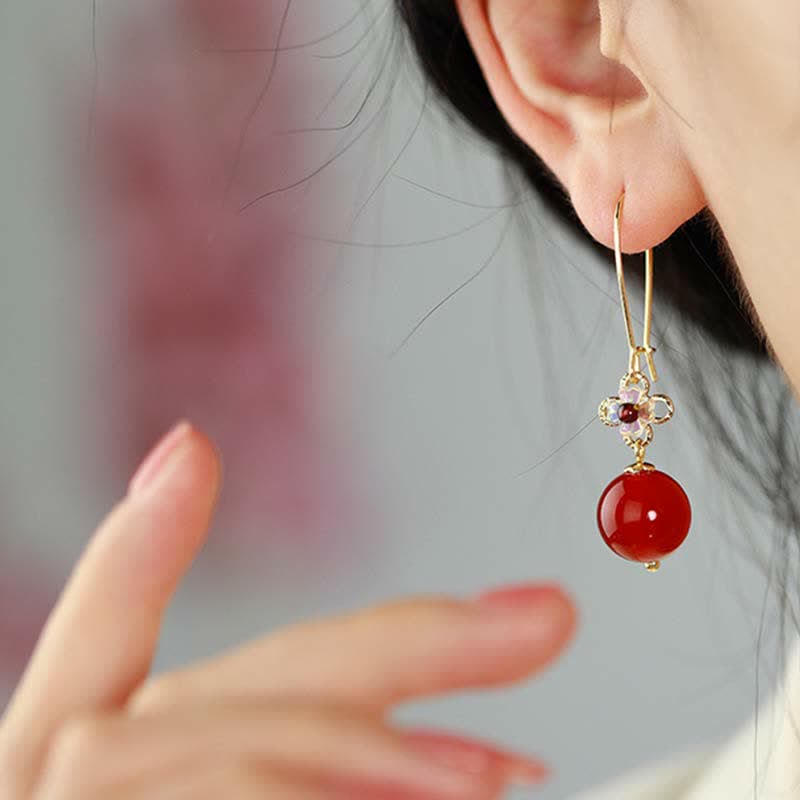 925 Sterling Silver Red Agate Confidence Flower Beaded Earrings