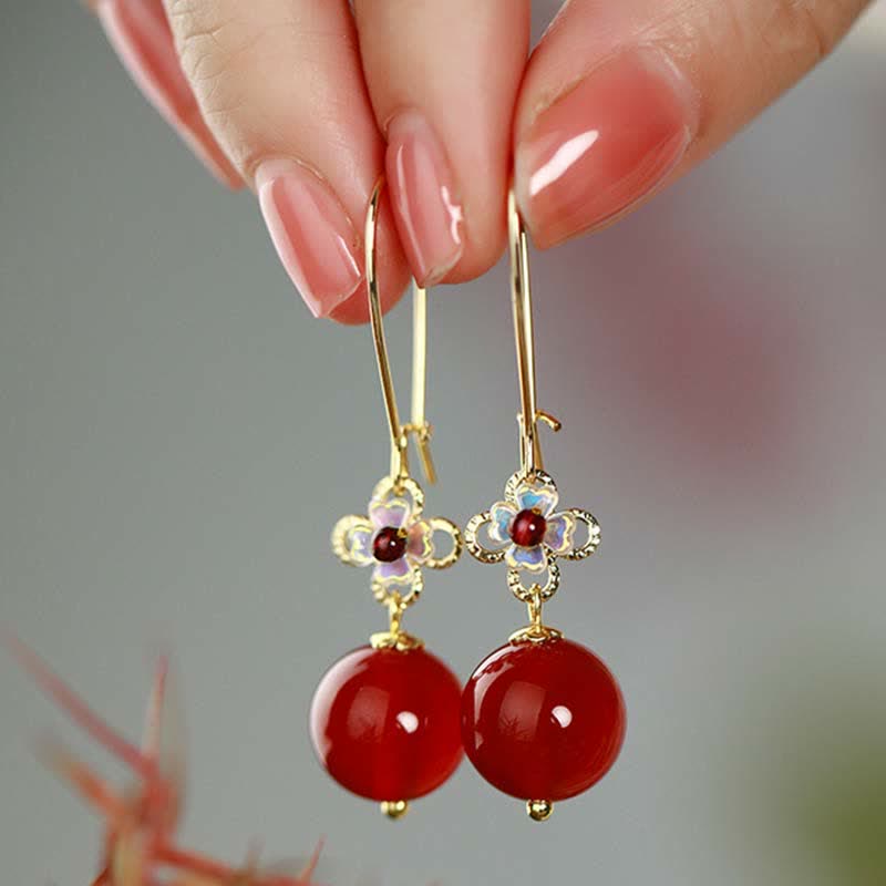 925 Sterling Silver Red Agate Confidence Flower Beaded Earrings