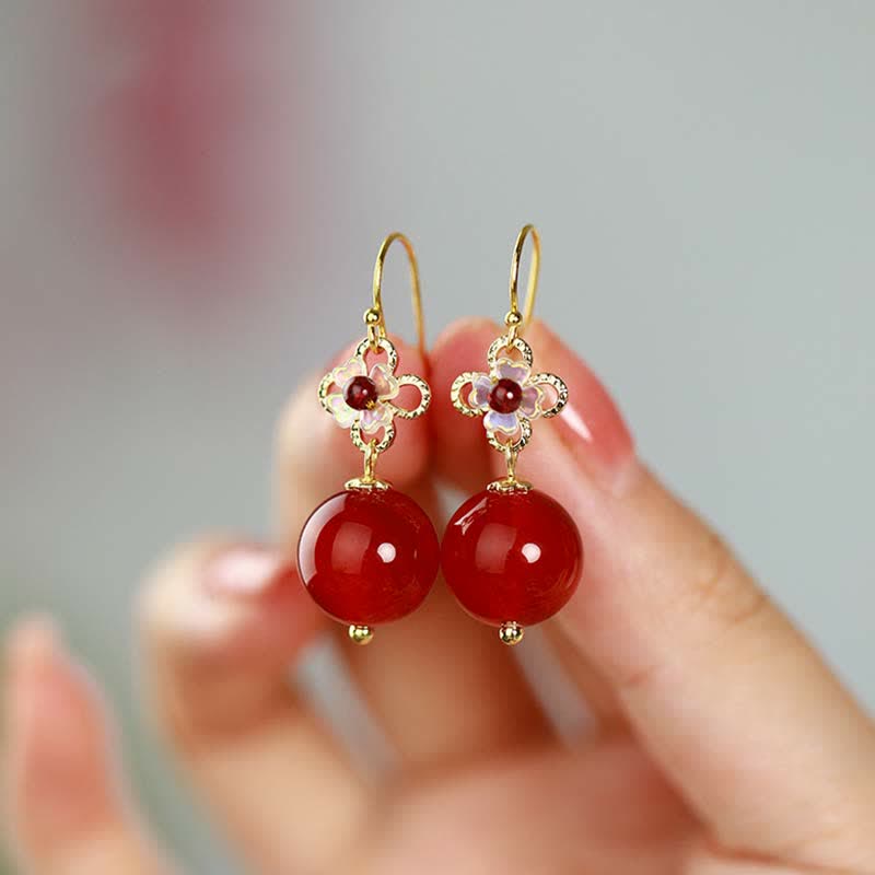 925 Sterling Silver Red Agate Confidence Flower Beaded Earrings