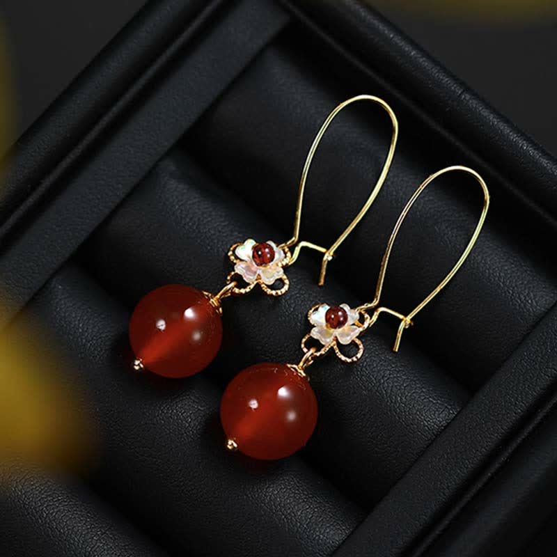 925 Sterling Silver Red Agate Confidence Flower Beaded Earrings