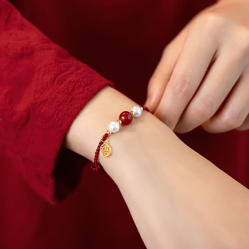 925 Sterling Silver Red String Bracelet with Fu Character