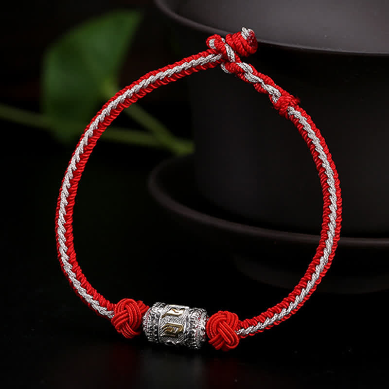 925 Sterling Silver Red String Prayer Wheel Bracelet for Luck Strength