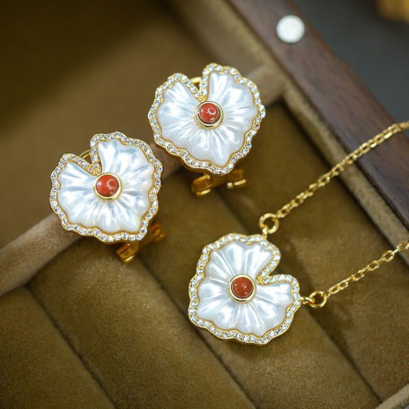 925 Sterling Silver Spiritual Necklace Set with Tridacna Red Agate Lazurite