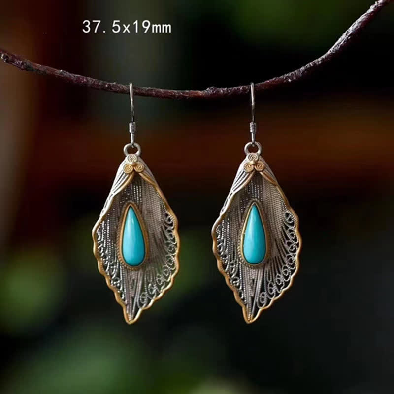 925 Sterling Silver Turquoise Bodhi Leaf Protection Drop Earrings