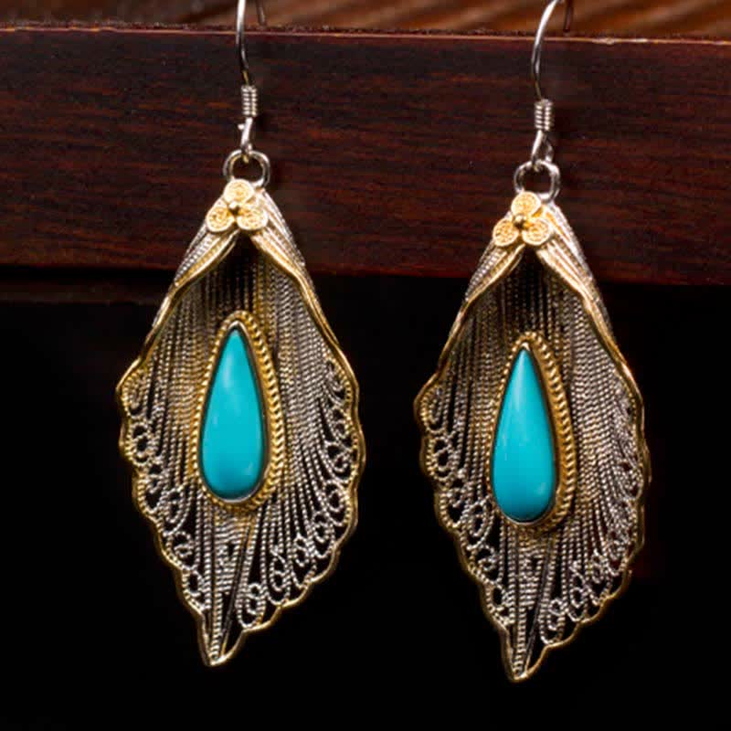 925 Sterling Silver Turquoise Bodhi Leaf Protection Drop Earrings
