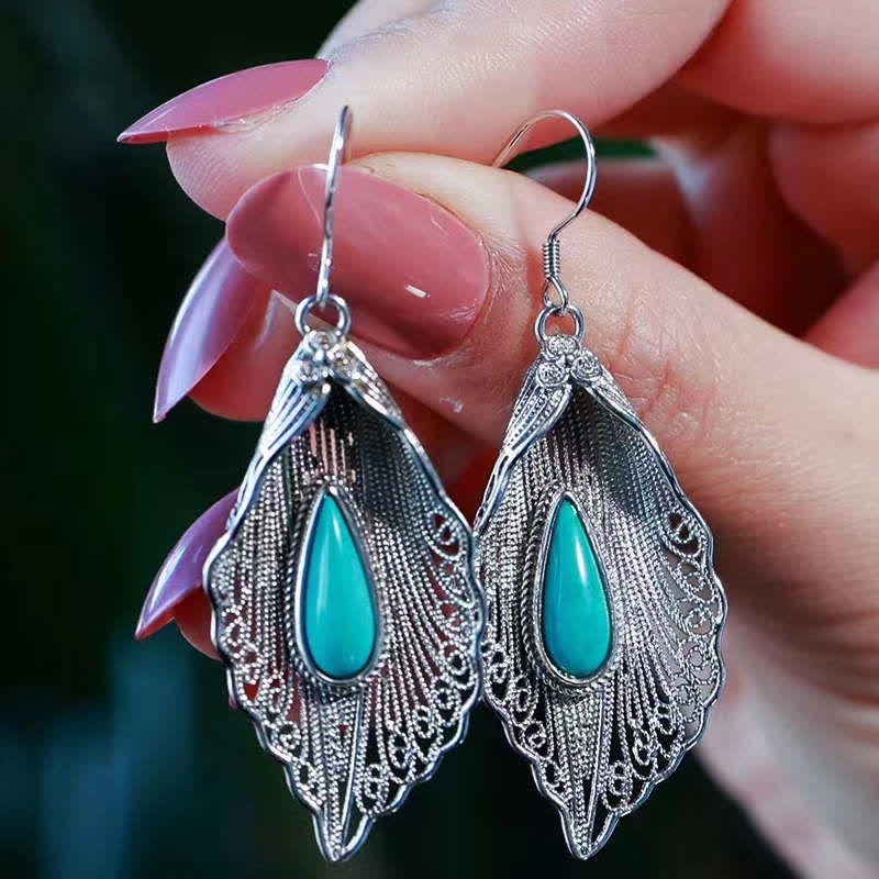 925 Sterling Silver Turquoise Bodhi Leaf Protection Drop Earrings
