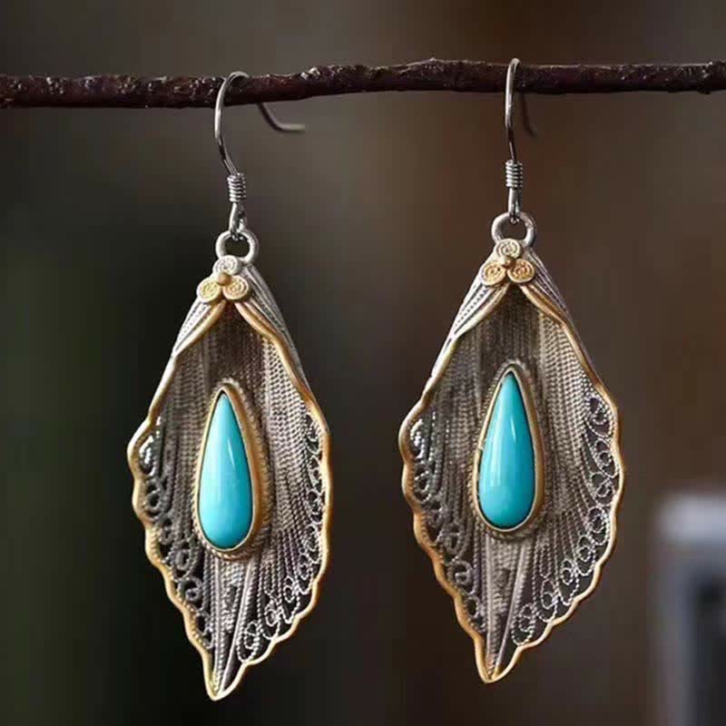 925 Sterling Silver Turquoise Bodhi Leaf Protection Drop Earrings