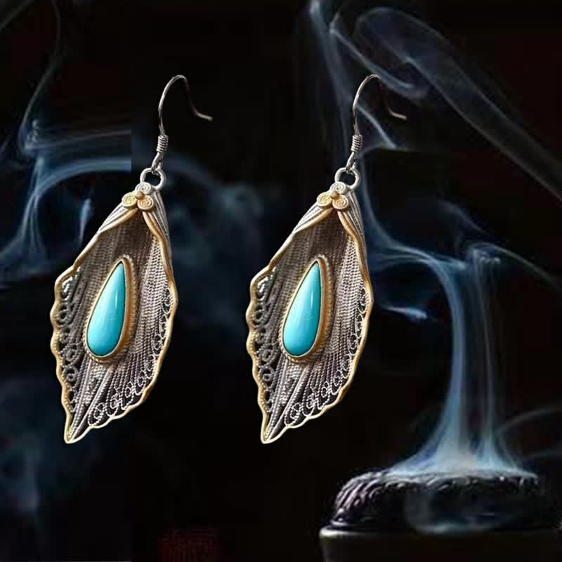 925 Sterling Silver Turquoise Bodhi Leaf Protection Drop Earrings
