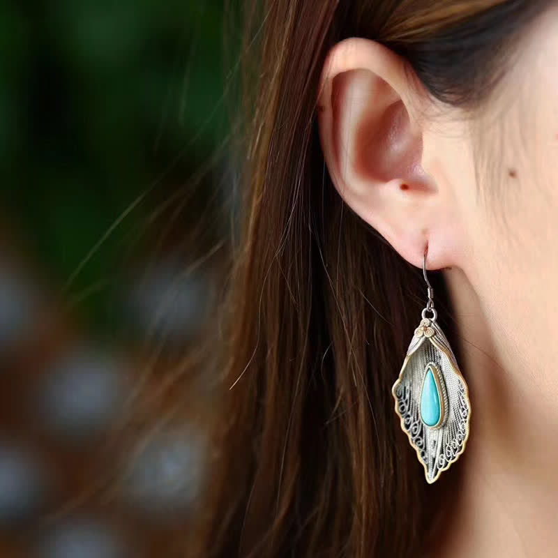 925 Sterling Silver Turquoise Bodhi Leaf Protection Drop Earrings