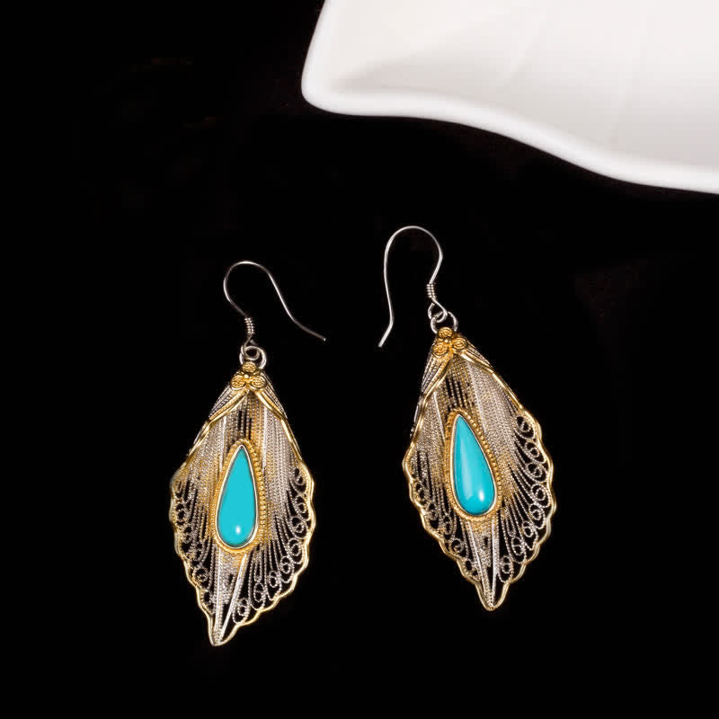 925 Sterling Silver Turquoise Bodhi Leaf Protection Drop Earrings