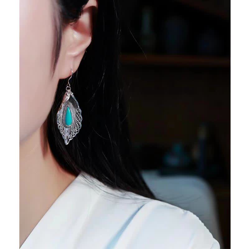 925 Sterling Silver Turquoise Bodhi Leaf Protection Drop Earrings