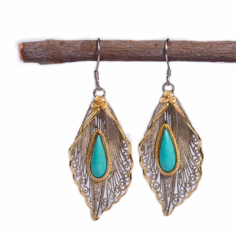 925 Sterling Silver Turquoise Bodhi Leaf Protection Drop Earrings