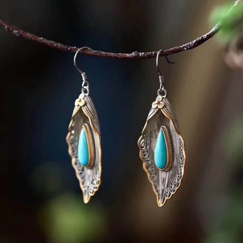 925 Sterling Silver Turquoise Bodhi Leaf Protection Drop Earrings