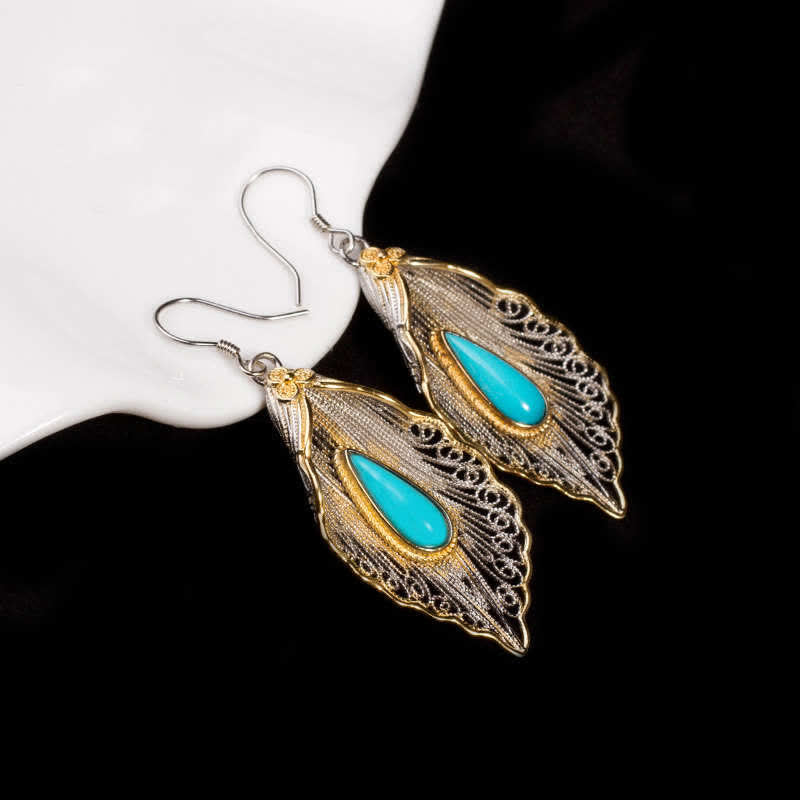 925 Sterling Silver Turquoise Bodhi Leaf Protection Drop Earrings