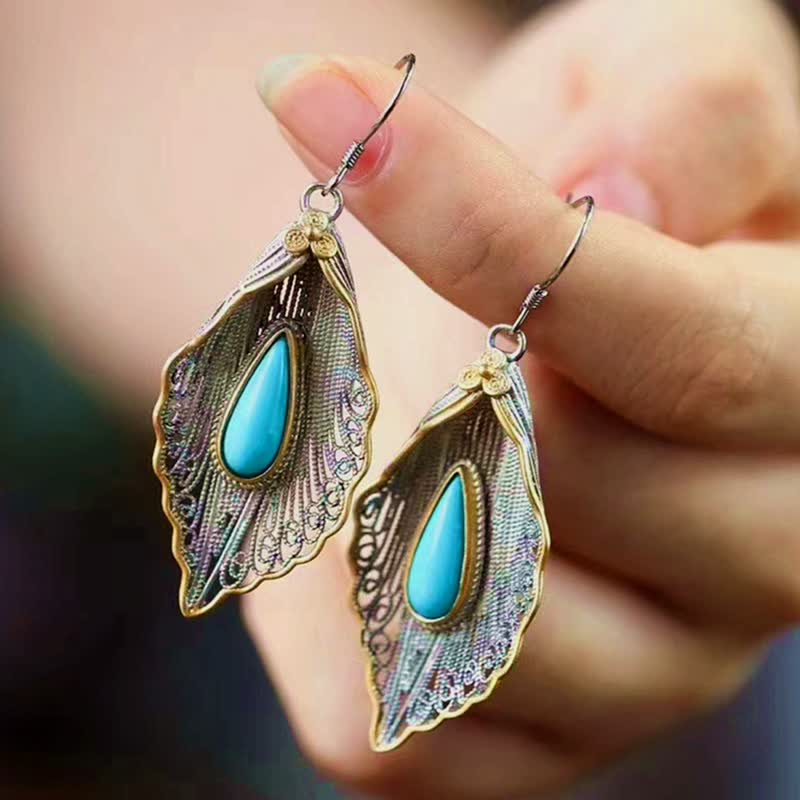 925 Sterling Silver Turquoise Bodhi Leaf Protection Drop Earrings