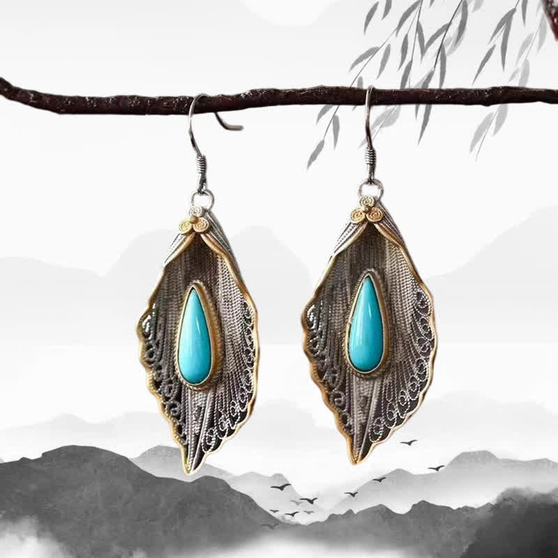 925 Sterling Silver Turquoise Bodhi Leaf Protection Drop Earrings