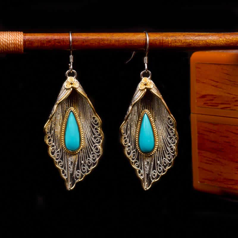 925 Sterling Silver Turquoise Bodhi Leaf Protection Drop Earrings