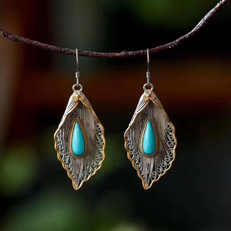 925 Sterling Silver Turquoise Bodhi Leaf Protection Drop Earrings