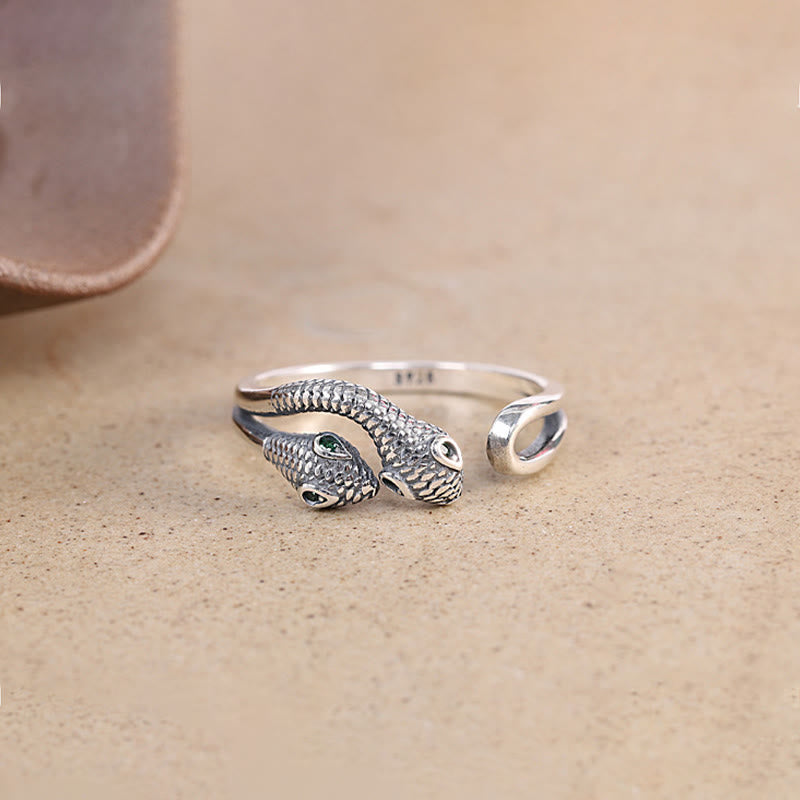 925 Sterling Silver Two-headed Snake Wisdom Adjustable Ring