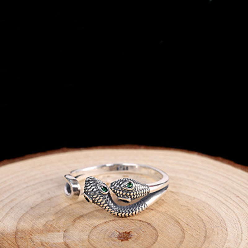 925 Sterling Silver Two-headed Snake Wisdom Adjustable Ring