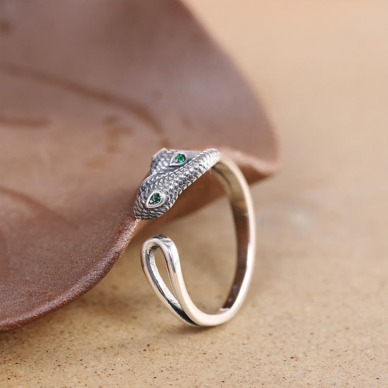 925 Sterling Silver Two-headed Snake Wisdom Adjustable Ring