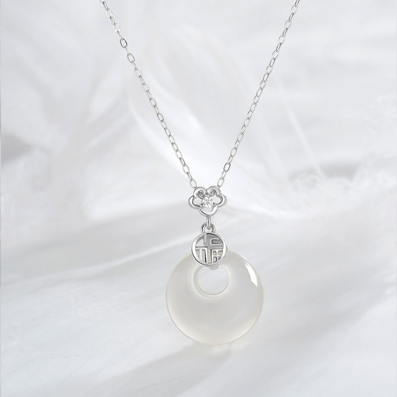 925 Sterling Silver White Agate Fu Character Luck Necklace