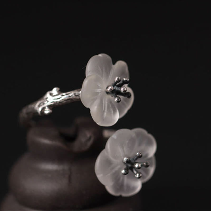 925 Sterling Silver White Crystal Double Plum Protection Ring