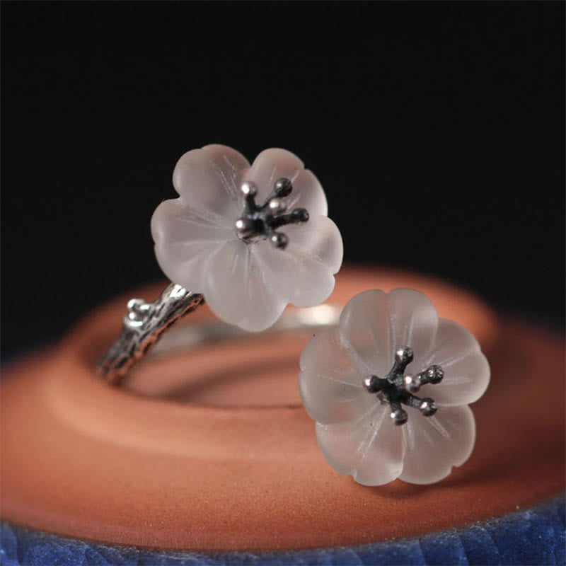 925 Sterling Silver White Crystal Double Plum Protection Ring