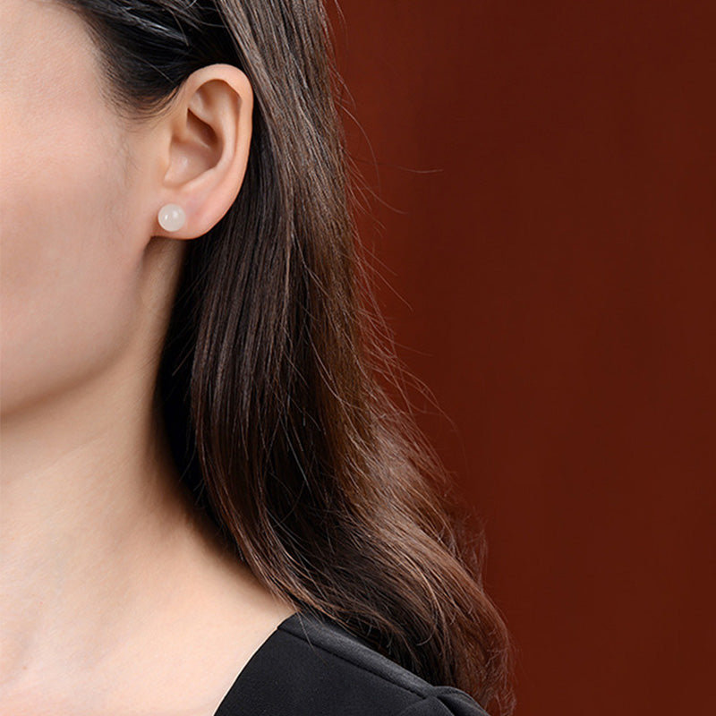 925 Sterling Silver White Jade Blessing Stud Earrings 6mm to 10mm