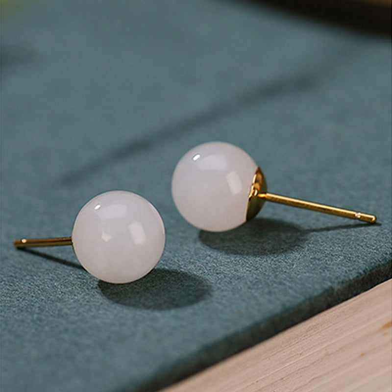 925 Sterling Silver White Jade Blessing Stud Earrings 6mm to 10mm