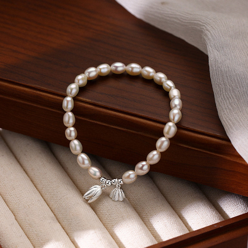 999 Sterling Silver Lotus Pearl Healing Bracelet 14-16cm
