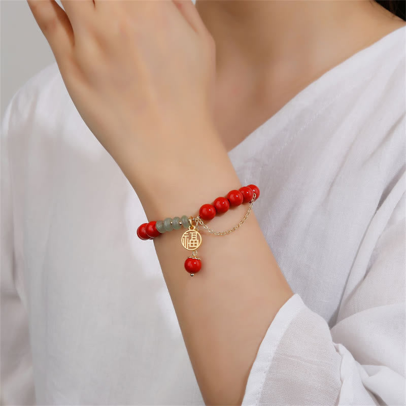 8mm Jade Bracelet with Cinnabar & Fu Character Symbol
