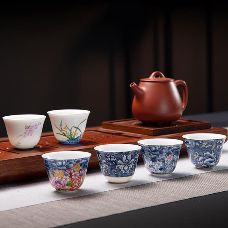 Orchid 70ml Ceramic Chinese Tea Cup with Blue Sea Waves