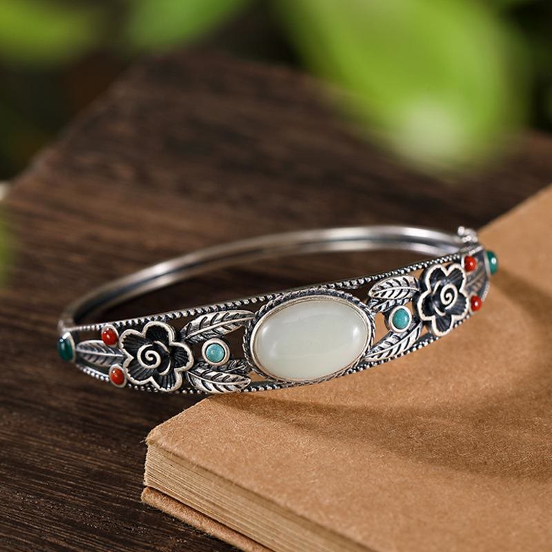 Harmony Luck Jade Bracelet with Flower Leaf Design