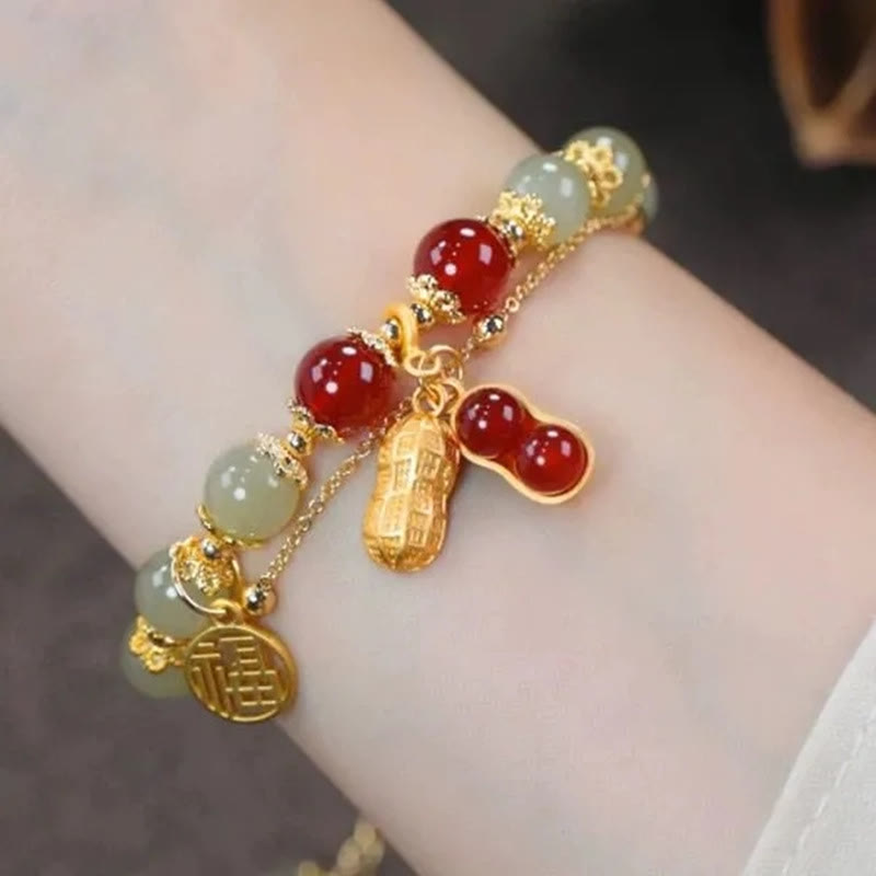 Jade Luck Beaded Bracelet with Leaf, Tulip & Fu Symbol