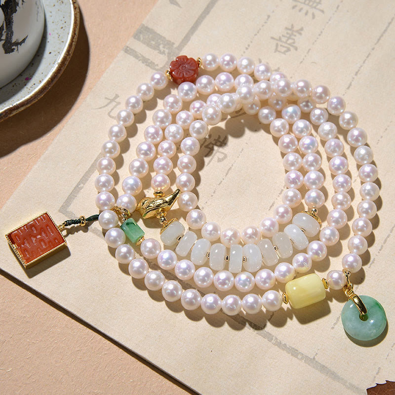 Quadruple Wrap Jade Bracelet with Pearl, Red Agate & Amber for Luck