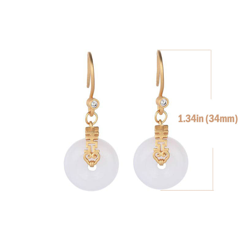 White Jade Double Happiness Fortune Earrings 1.34in Drop