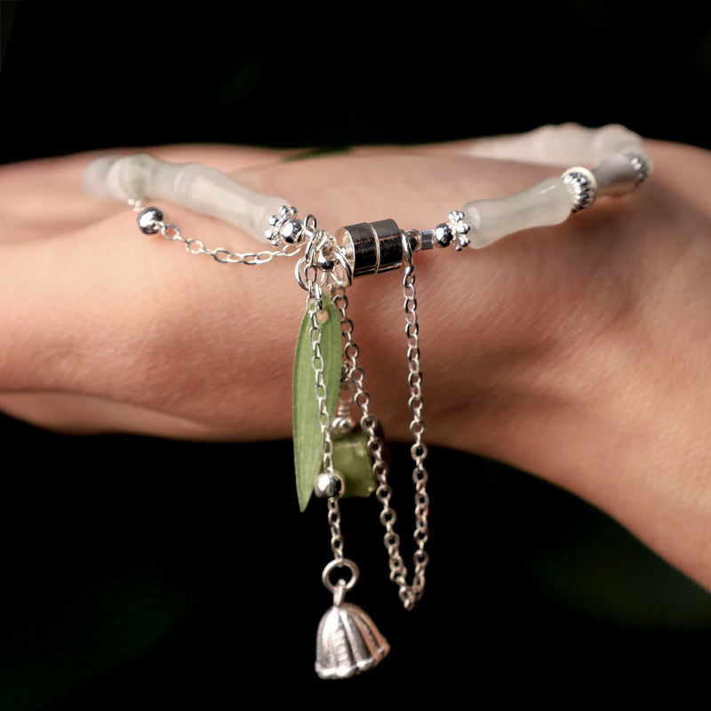 White Jade Happiness Bracelet with Bamboo Leaf Lantern Charm