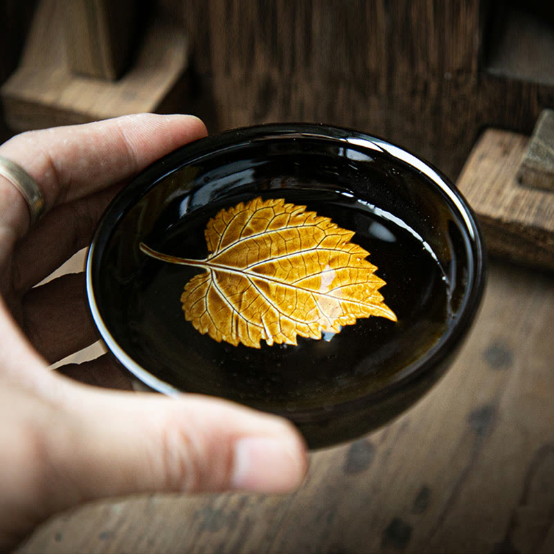 Gold Maple Leaf Jian Zhan Tenmoku Ceramic Teacup 120ml