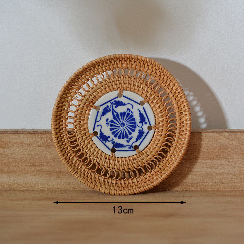 Ceramic Flower Pattern Rattan Cup Mat | 10cm Coaster