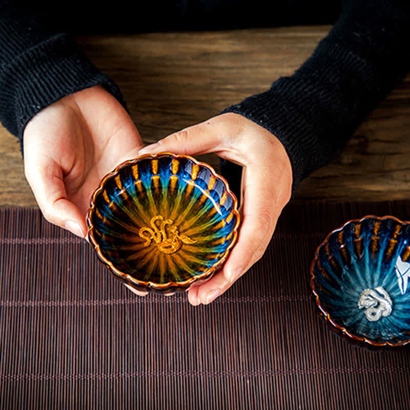 130ml Lotus Dragon Ceramic Tea Cup with Auspicious Inlaid Art