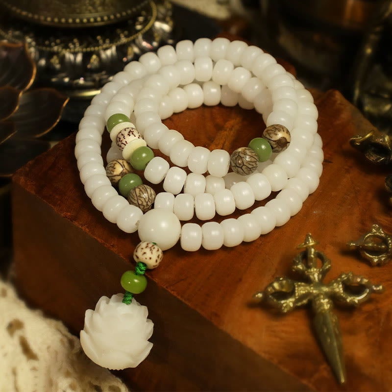 7x9mm White Jade Bodhi Lotus Mala Harmony Bracelet